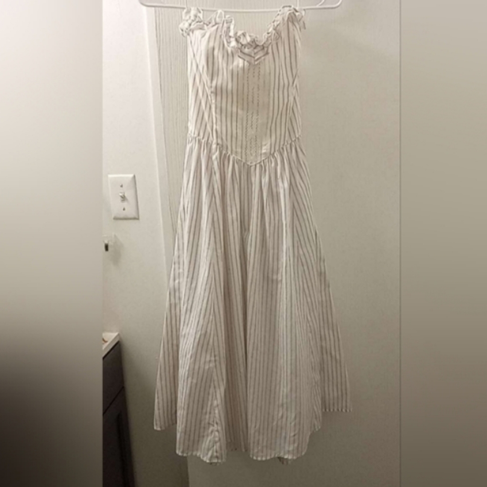 Vintage 80s Gunne Sax Striped Lace Corset Style Ruffle Tie Back Strapless Dress